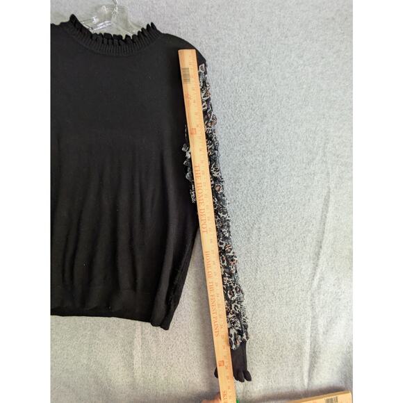 Sioni Milano Sweater Women L Leopard Ruffle Mock Lace Long Sleeve Pullover Black - Picture 4 of 9